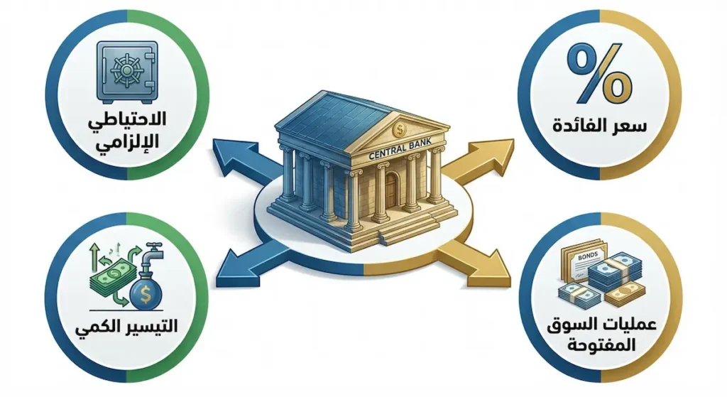 مخطط توضيحي يُظهر الأدوات الأربع الرئيسة للسياسة النقدية: سعر الفائدة، الاحتياطي الإلزامي، عمليات السوق المفتوحة، والتيسير الكمي