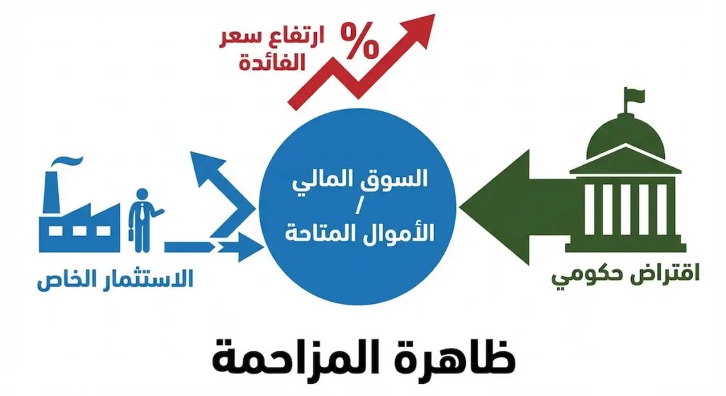 رسم توضيحي يشرح ظاهرة المزاحمة حيث يؤدي الاقتراض الحكومي الكبير إلى رفع أسعار الفائدة وإخراج الاستثمار الخاص من السوق
