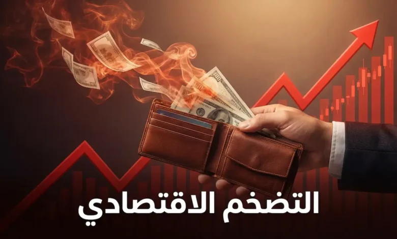 صورة توضيحية لمفهوم التضخم الاقتصادي تُظهر أوراقاً نقدية تتبخر من محفظة مع رسم بياني صاعد يمثل ارتفاع الأسعار