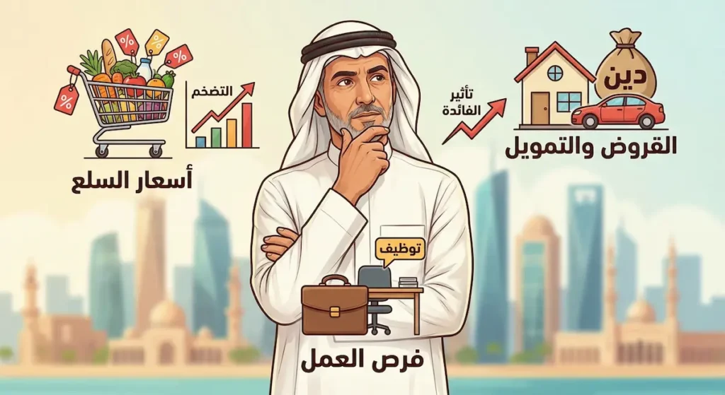 رسم يوضح كيف تؤثر السياسات الاقتصادية على ثلاثة جوانب من حياة المواطن: القروض والتمويل، أسعار السلع، وفرص العمل