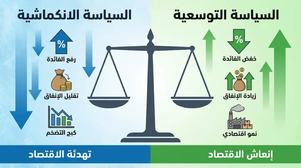 مخطط يوضح الفرق بين السياسات التوسعية لإنعاش الاقتصاد والسياسات الانكماشية لتهدئته ومكافحة التضخم