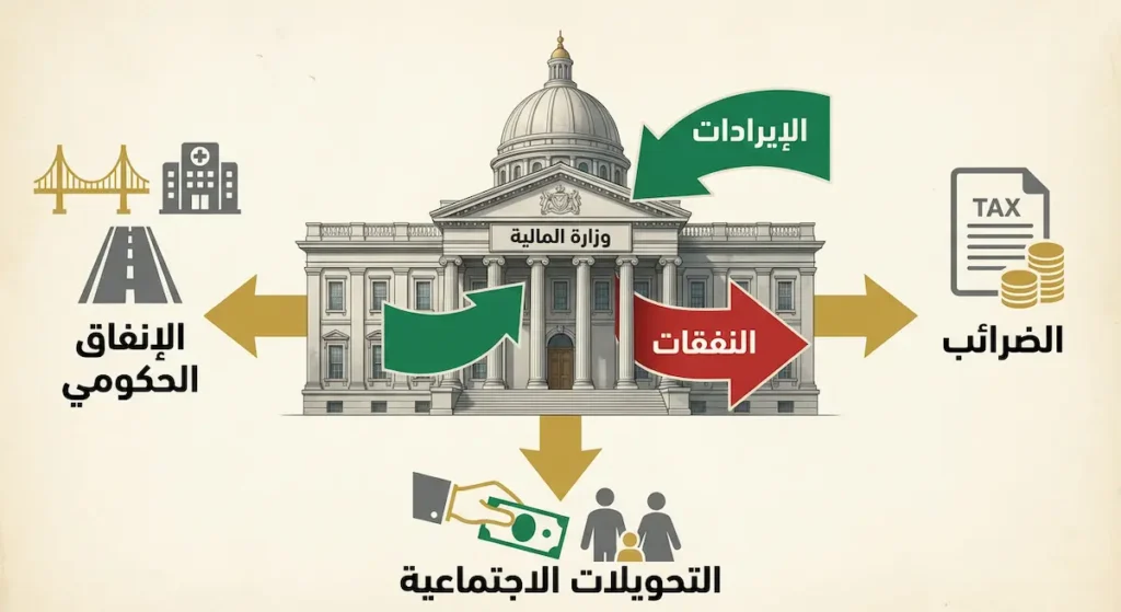 مخطط توضيحي يُظهر المحركات الثلاثة للسياسة المالية: الضرائب كمصدر للإيرادات، والإنفاق الحكومي والتحويلات الاجتماعية كوجهي الإنفاق