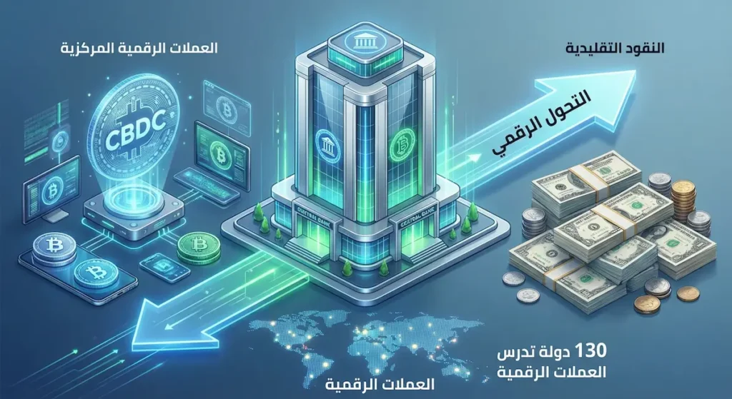 رسم يوضح التحول المستقبلي من النقود التقليدية إلى العملات الرقمية للبنوك المركزية وتأثيره على السياسة النقدية