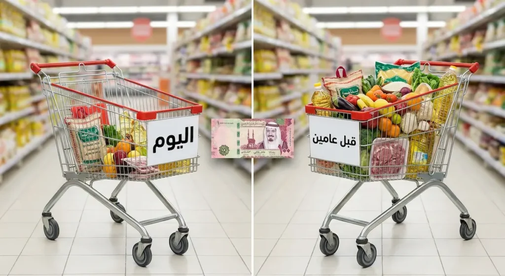 مقارنة بين عربتي تسوق توضح كيف أن نفس المبلغ المالي يشتري كمية أقل من السلع بسبب التضخم الاقتصادي