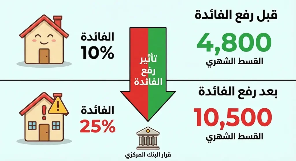 مقارنة توضيحية تُظهر كيف يؤدي رفع سعر الفائدة من 10% إلى 25% إلى مضاعفة القسط الشهري للقرض العقاري