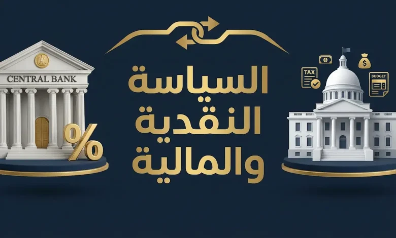 غلاف مقال السياسة النقدية والمالية يُظهر التكامل بين أدوات البنك المركزي والحكومة في إدارة الاقتصاد