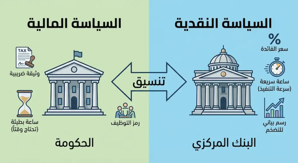 مقارنة بصرية بين السياسة النقدية التي يديرها البنك المركزي والسياسة المالية التي تديرها الحكومة مع إبراز الفروقات الجوهرية