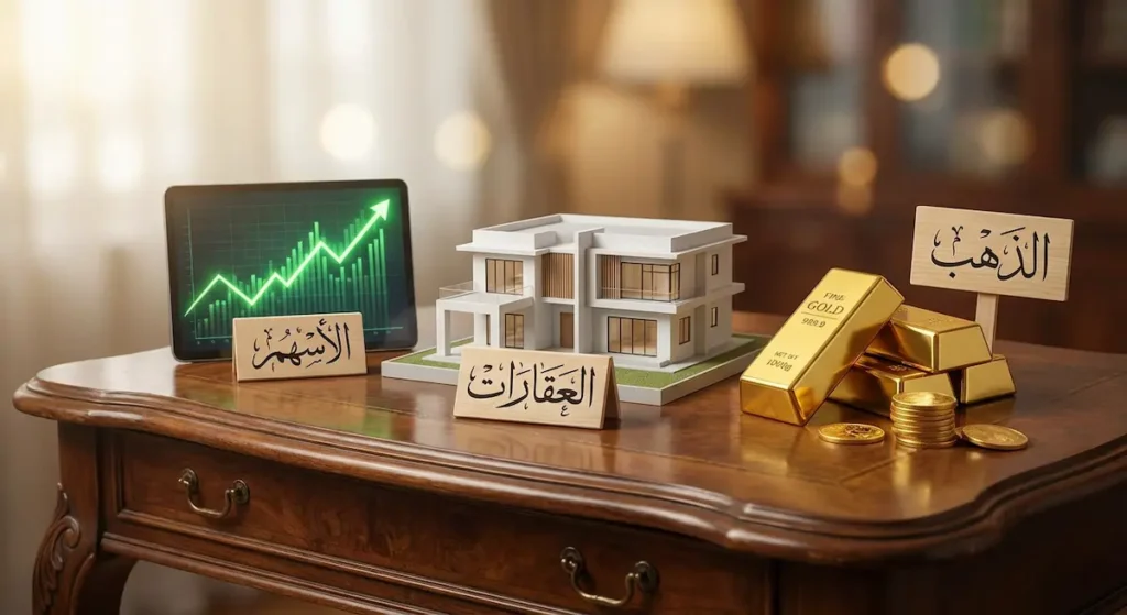 صورة تعرض ثلاثة أصول استثمارية للحماية من التضخم: الذهب والعقارات والأسهم