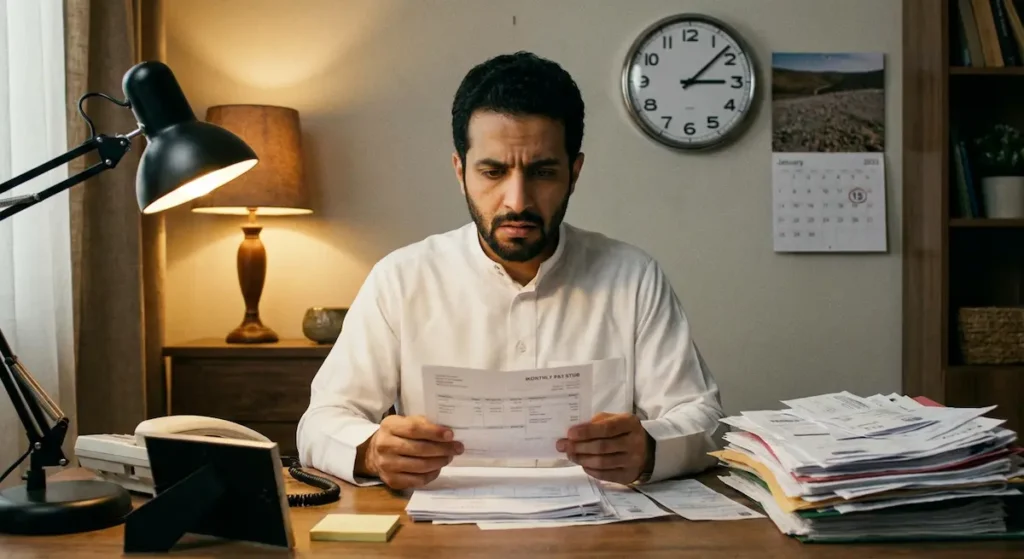 موظف ينظر بقلق إلى راتبه الشهري مع تراكم الفواتير حوله في منتصف الشهر