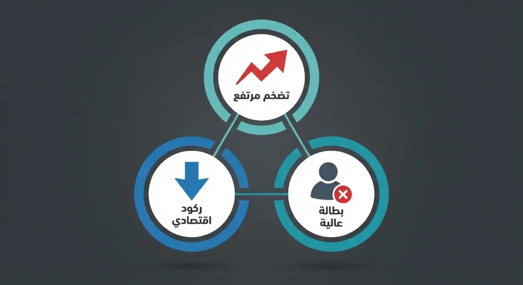 رسم توضيحي يشرح مفهوم الركود التضخمي حيث يجتمع التضخم المرتفع مع الركود الاقتصادي والبطالة العالية