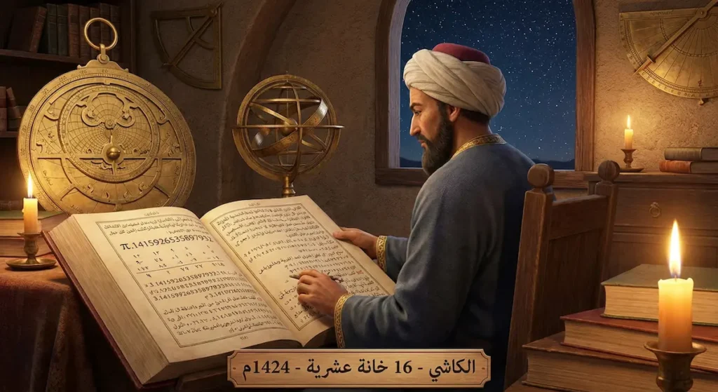 تصوير تخيلي للعالم المسلم غياث الدين الكاشي يعمل على حساب الثابت باي في مرصد سمرقند