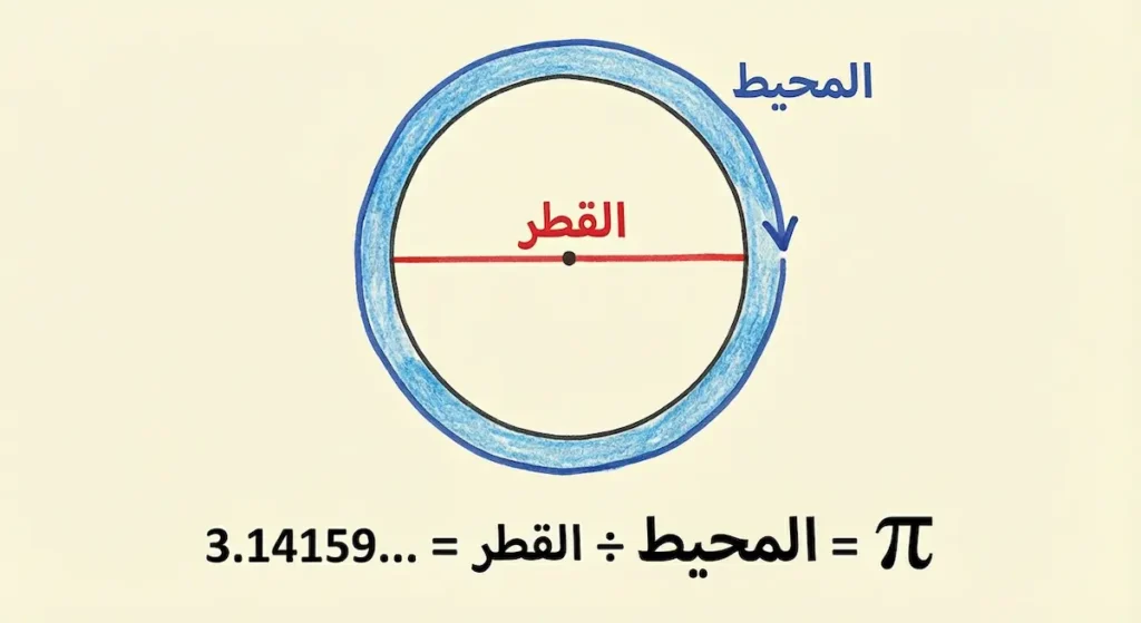 رسم توضيحي يبين العلاقة بين محيط الدائرة وقطرها التي تعطي الثابت باي

