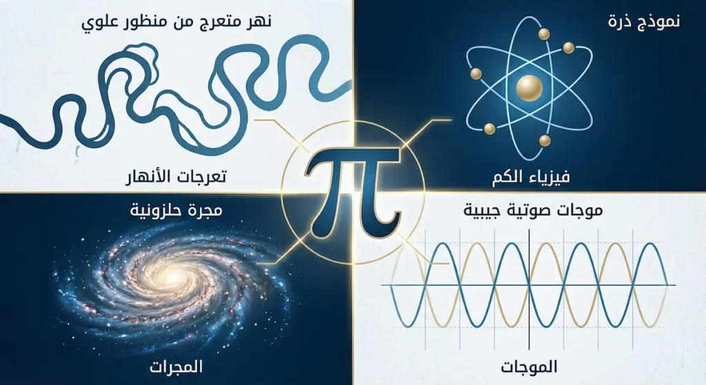 رسم توضيحي يُظهر ظهور الثابت باي في أربعة مجالات: تعرجات الأنهار وفيزياء الكم والمجرات والموجات