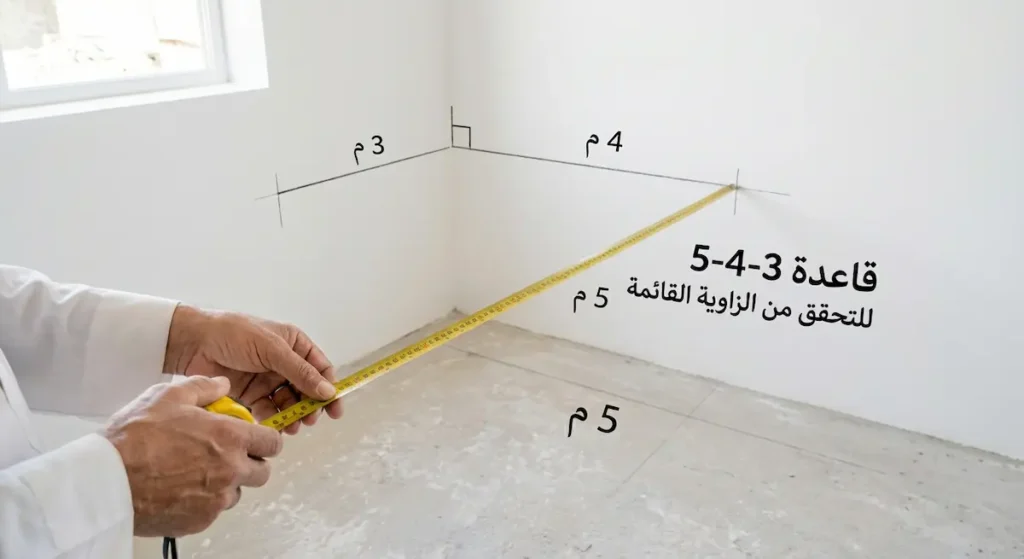 تطبيق عملي لقاعدة 3-4-5 في زاوية غرفة للتحقق من أن الزاوية قائمة باستخدام شريط القياس