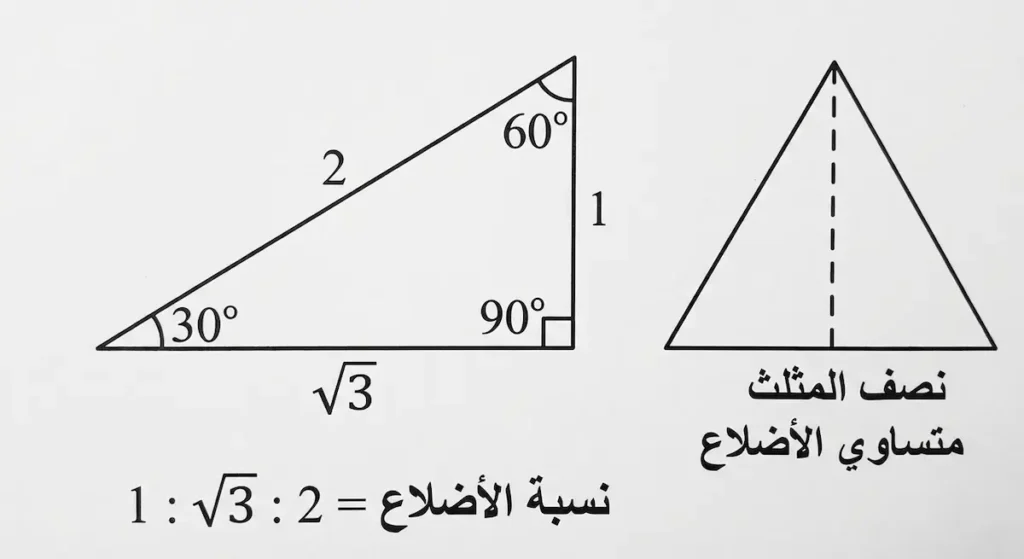 المثلث الثلاثيني الستيني (30-60-90) مع نسب أضلاعه 1:√3:2 وتوضيح أنه نصف مثلث متساوي الأضلاع
