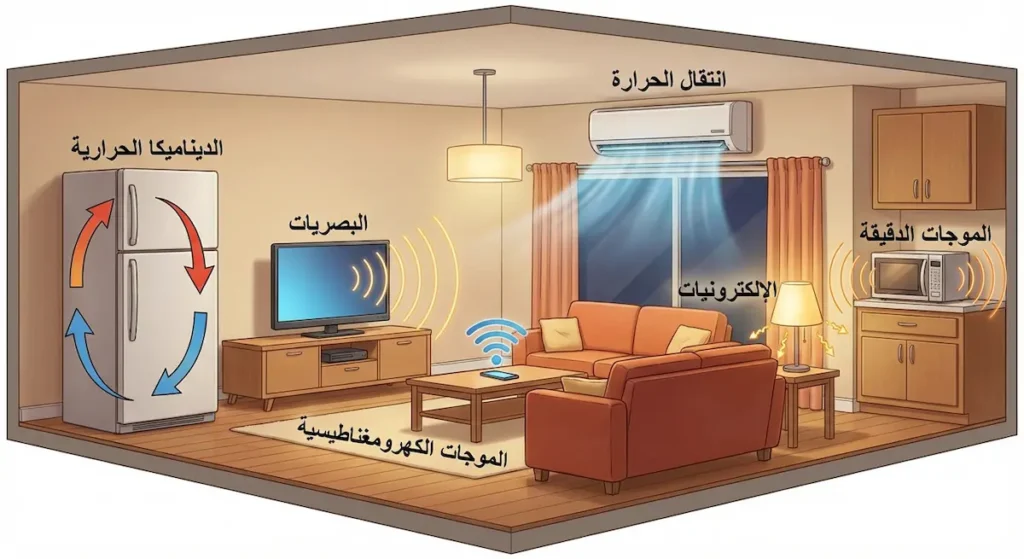 رسم توضيحي لمنزل يُظهر الأجهزة المنزلية مع شرح المبادئ الفيزيائية التي تعمل بها
