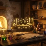 مختبر خيميائي قديم مضاء بنور ذهبي دافئ يحتوي على قوارير زجاجية وأنابيق نحاسية ومخطوطات قديمة مع كلمة الخيمياء بالخط العربي