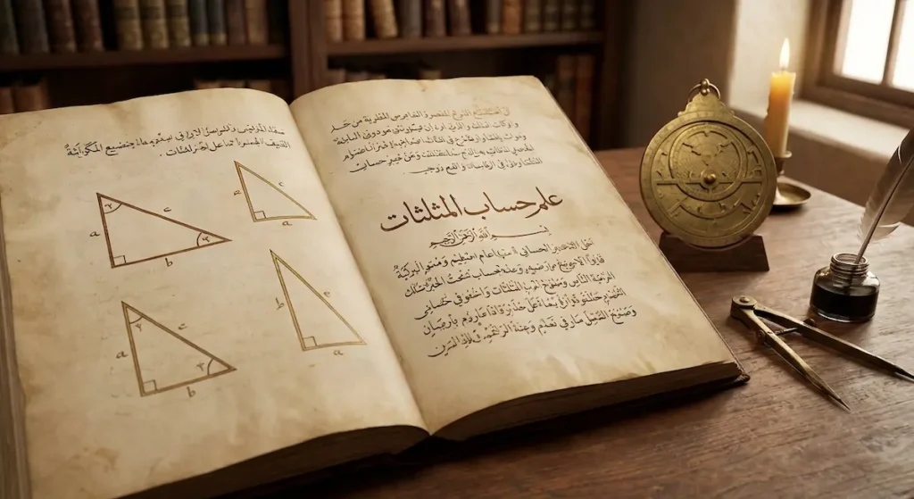 مخطوطة عربية قديمة تحتوي رسومات هندسية لمثلثات مع إسطرلاب نحاسي وأدوات رياضية تاريخية