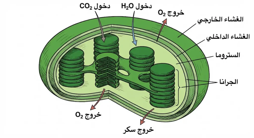 مقطع طولي في بلاستيدة خضراء يُظهر تركيبها الداخلي مع أسهم توضح دخول وخروج المواد