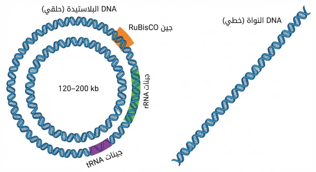 الحمض النووي الحلقي للبلاستيدة مقارنة بالحمض النووي الخطي للنواة