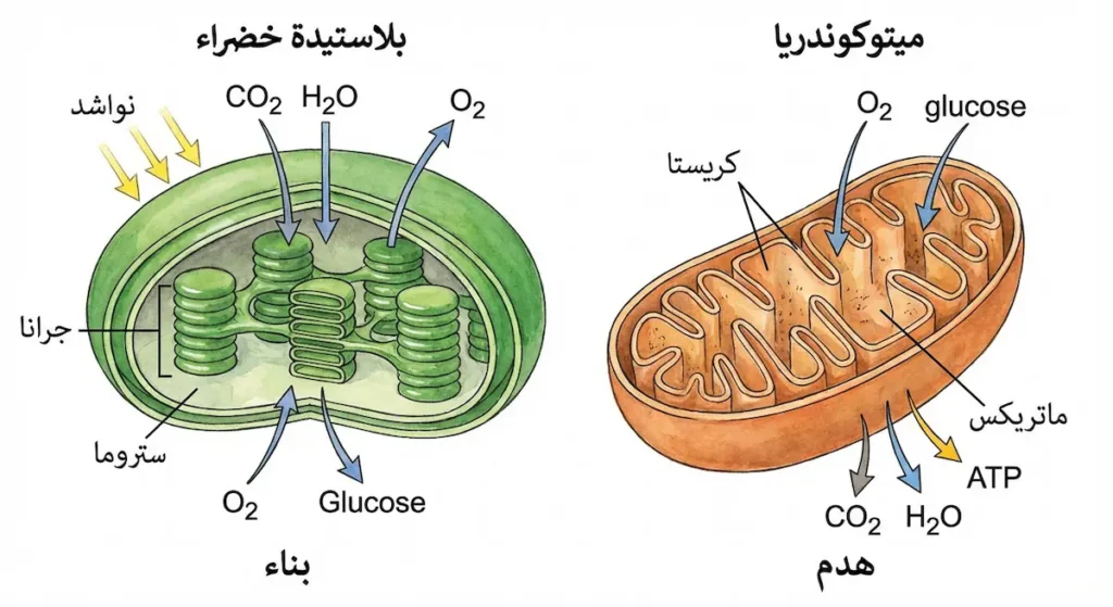  مقارنة بين البلاستيدة الخضراء والميتوكوندريا في التركيب والوظيفة