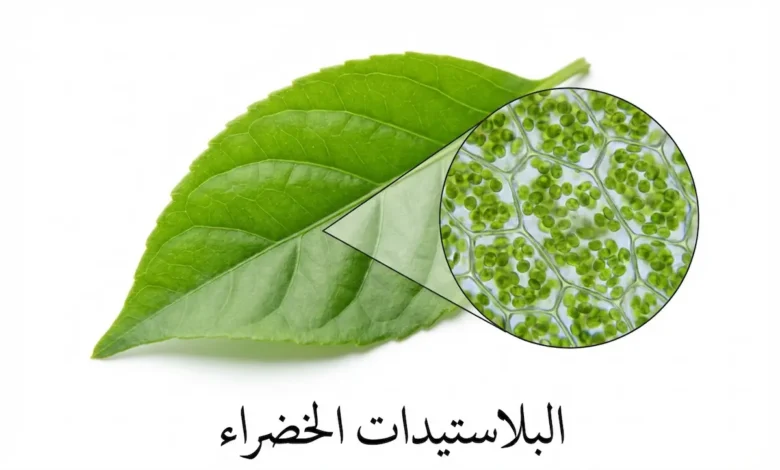 ورقة نبات خضراء مع تكبير للخلايا النباتية يُظهر البلاستيدات الخضراء بداخلها