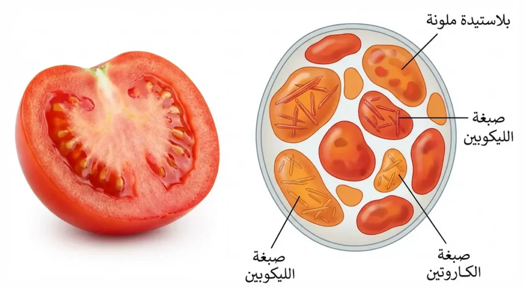طماطم حمراء مع تكبير لخلاياها يُظهر البلاستيدات الملونة