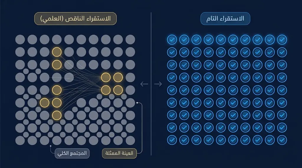 مقارنة بصرية بين الاستقراء التام والاستقراء الناقص العلمي توضح مفهوم العينة الممثلة مقابل الفحص الشامل