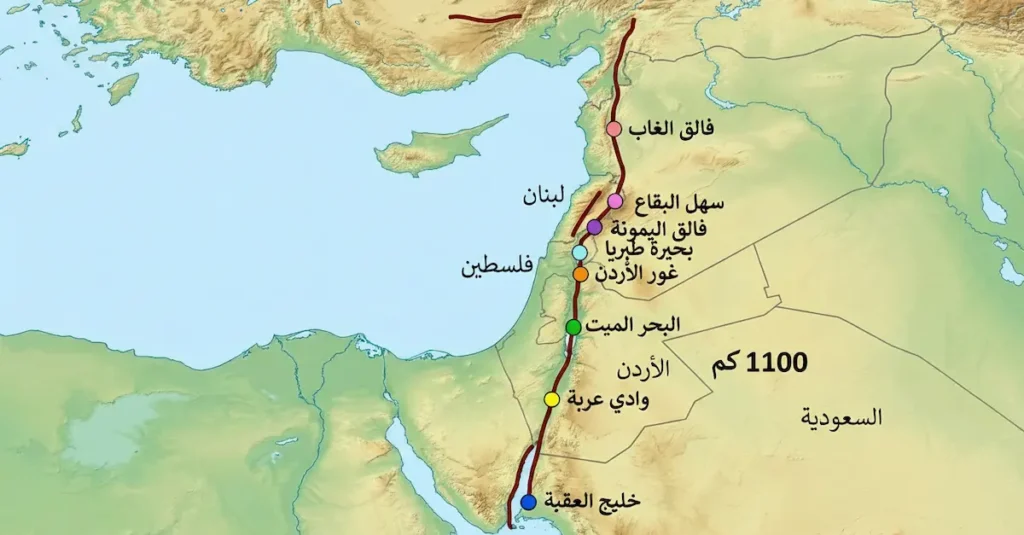 خريطة توضح المسار الكامل لفالق البحر الميت وتقسيماته الجغرافية من خليج العقبة إلى تركيا