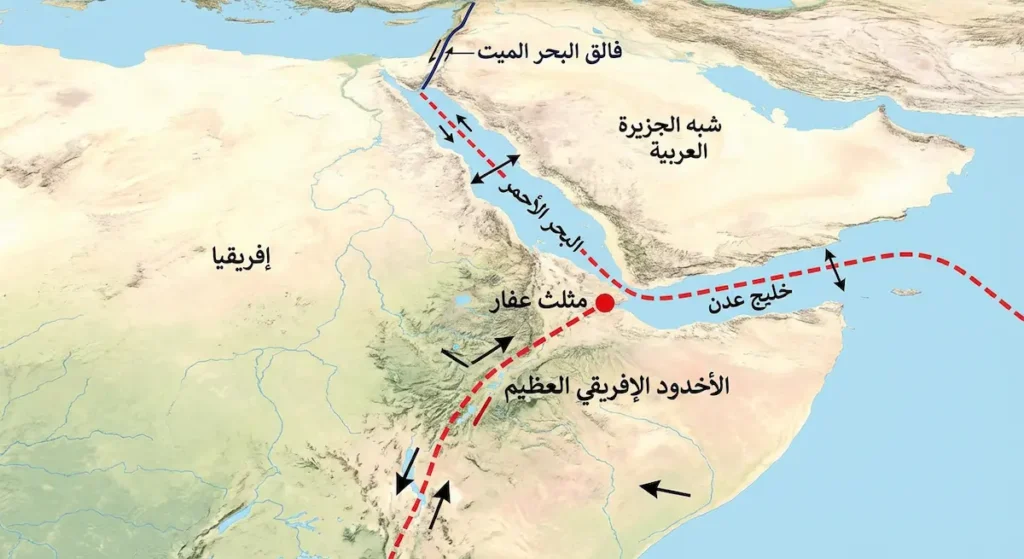 رسم تخطيطي يوضح نشأة فالق البحر الميت من مثلث عفار وعلاقته بالأخدود الإفريقي العظيم