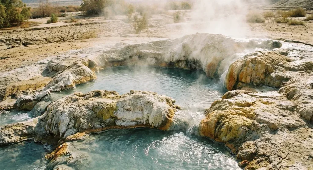  ينابيع حارة طبيعية في منطقة فالق البحر الميت مع تصاعد الأبخرة وترسبات معدنية على الصخور