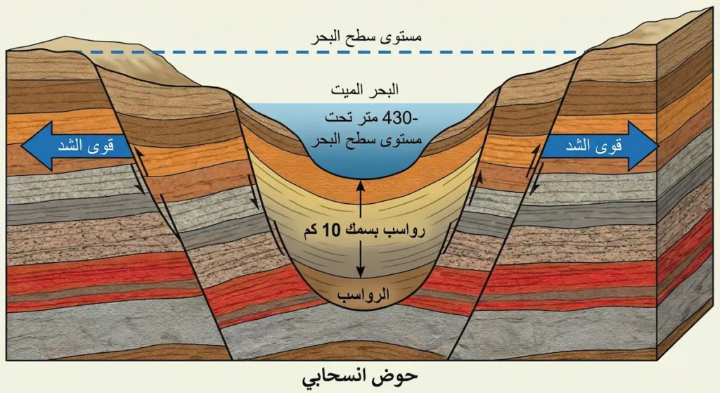  مقطع عرضي جيولوجي يوضح آلية تشكّل حوض البحر الميت الانسحابي وعمقه الاستثنائي