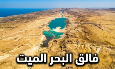 منظر جوي لفالق البحر الميت يُظهر البحر الميت والشق الأرضي الممتد بين الجبال الصحراوية