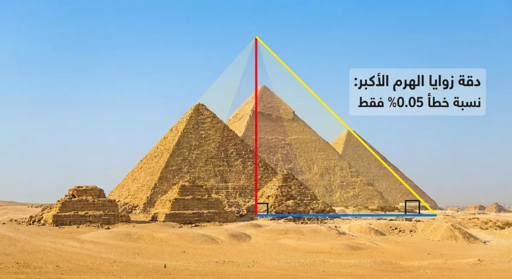 أهرامات الجيزة مع خطوط هندسية توضح المثلث القائم في بنية الهرم ودقة الزوايا المذهلة