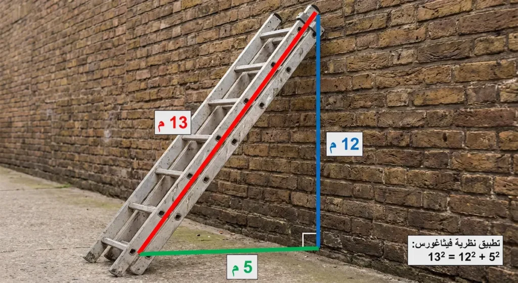 سلم بطول 13 متراً يستند على جدار، يوضح تطبيق نظرية فيثاغورس مع الأبعاد 5 و12 و13 متراً