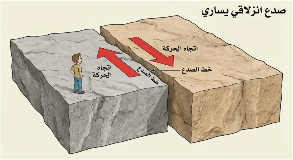 رسم توضيحي لآلية الصدع الانزلاقي اليساري يُظهر حركة الكتل الصخرية في اتجاهين متعاكسين