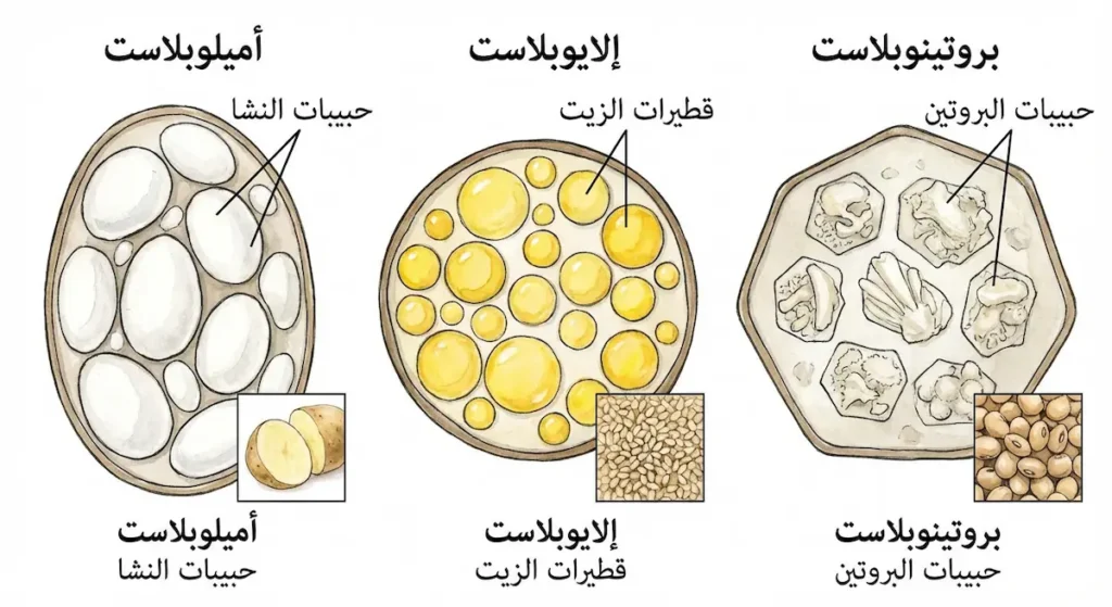 ثلاثة أنواع من البلاستيدات عديمة اللون ووظيفة كل منها