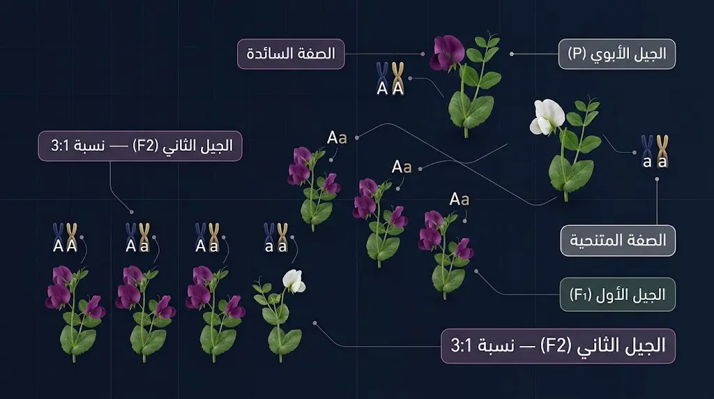  مخطط وراثي ثلاثي الأبعاد يوضح قانون الانعزال لمندل عبر ثلاثة أجيال من نبات البازلاء بنسبة 3:1