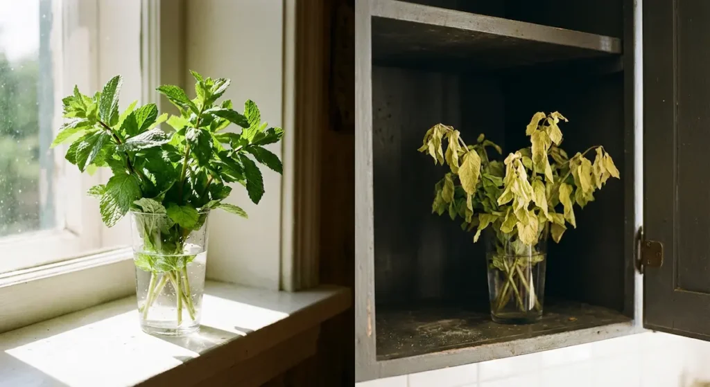 مقارنة بين نعناع أخضر في الضوء ونعناع أصفر في الظلام