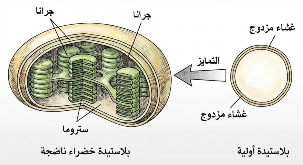 مقارنة بين البلاستيدة الأولية البسيطة والبلاستيدة الخضراء الناضجة