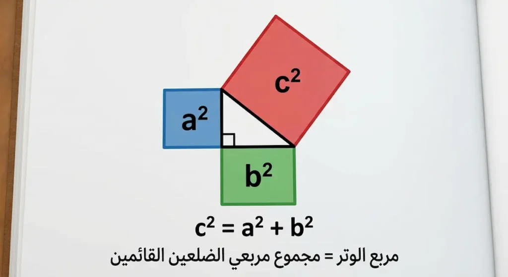 رسم توضيحي لنظرية فيثاغورس يُظهر مثلثاً قائماً مع مربعات على أضلاعه الثلاثة توضح أن c² = a² + b²