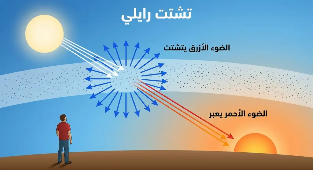 رسم توضيحي يشرح كيف يتشتت الضوء الأزرق في الغلاف الجوي مسبباً زرقة السماء وفق ظاهرة تشتت رايلي
