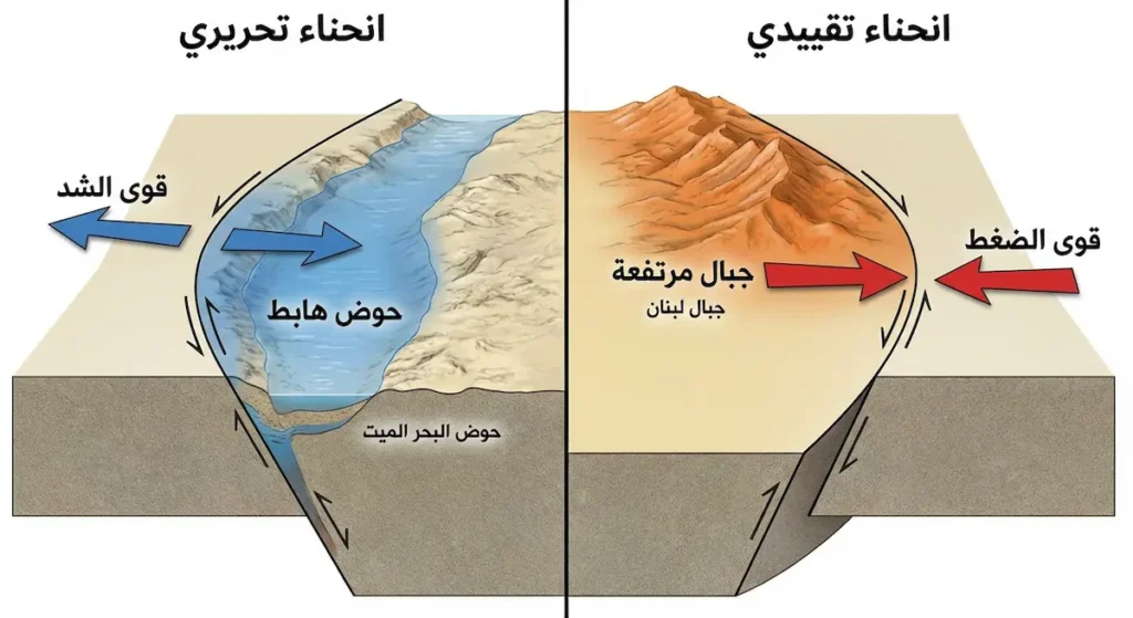رسم مقارن يوضح الفرق بين الانحناء التحريري الذي يُشكّل أحواضاً والانحناء التقييدي الذي يُشكّل جبالاً