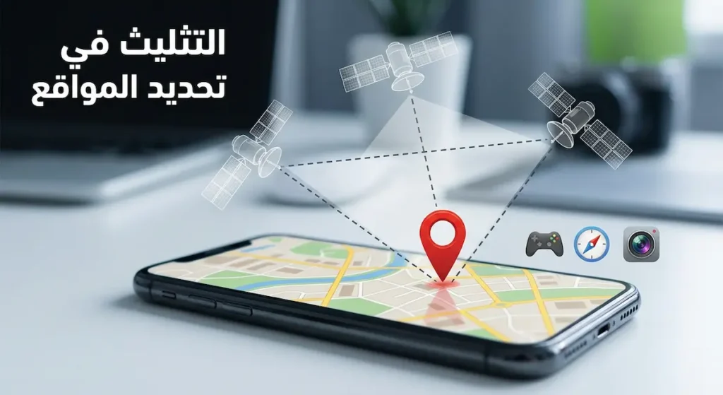 هاتف ذكي يعرض خريطة GPS مع توضيح مبدأ التثليث باستخدام الأقمار الصناعية والمثلثات