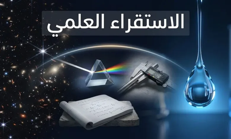 صورة غلاف توضح الانتقال من ملاحظة قطرة ماء واحدة إلى قانون كوني شامل، تمثيل بصري لمفهوم الاستقراء العلمي