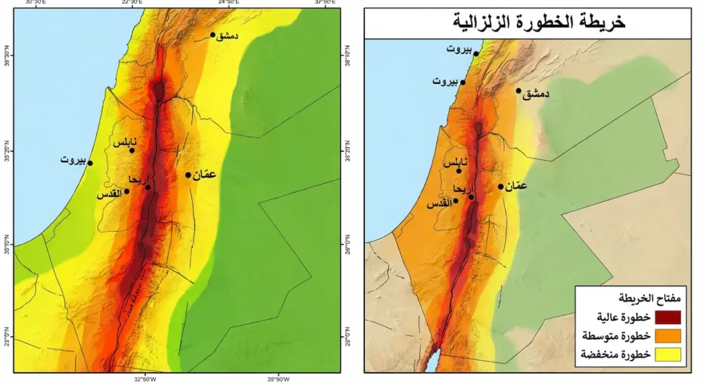 خريطة الخطورة الزلزالية لمنطقة بلاد الشام تُظهر تدرج مستويات الخطر من الأحمر (عالي) إلى الأخضر (منخفض)