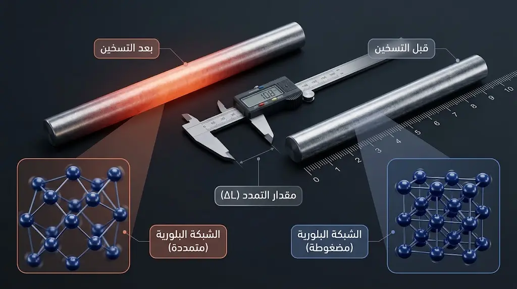 مقارنة ثلاثية الأبعاد لقضيب معدني قبل التسخين وبعده على المستوى الماكروسكوبي والذري، توضح قانون التمدد الحراري للمعادن