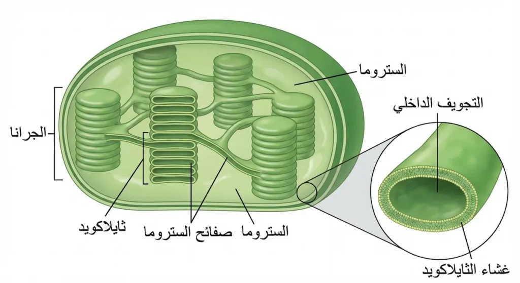 نظام الثايلاكويد داخل البلاستيدة يُظهر الجرانا المتراصة وصفائح الستروما الرابطة بينها