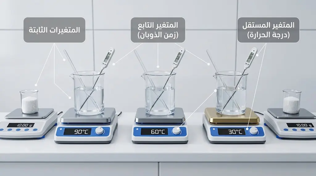 تجربة مختبرية تُظهر ضبط المتغيرات في المنهج الاستقرائي، مع تغيير درجة الحرارة فقط وتثبيت باقي العوامل