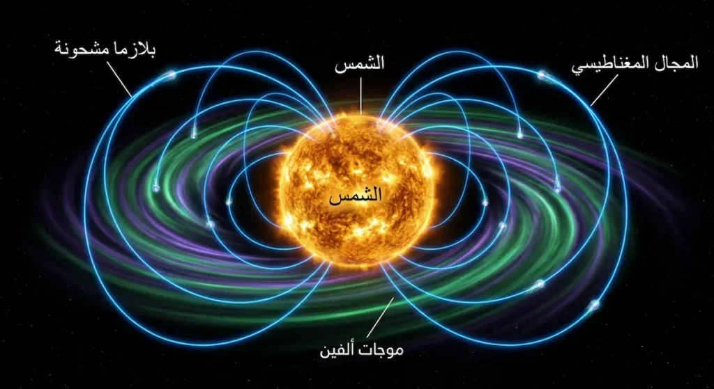  رسم توضيحي للشمس محاطة بالمجال المغناطيسي وموجات ألفين البلازمية التي تنتشر في البلازما الشمسية